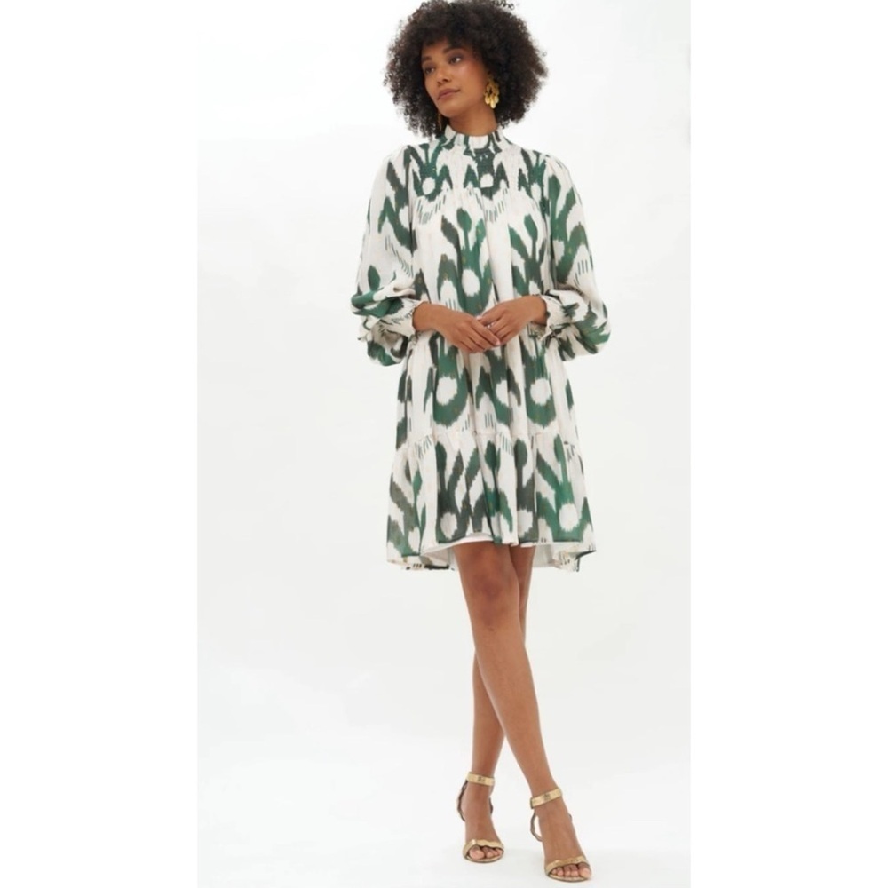 Oliphant Smocked Neck Mini Dress in Chitka Forest Green Cream  Balloon Sleeve